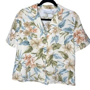 Alfred Dunner Petite 12P Tropical Floral Button Up Top Short Sleeve Cream Sage